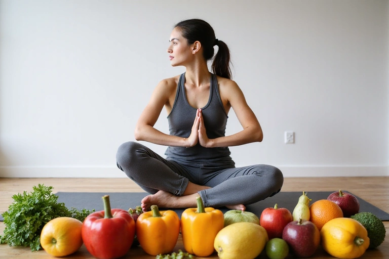 Personne faisant de l'exercice avec des fruits et légumes à côté